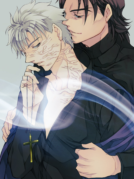 brown_eyes, brown_hair, cross, cross_necklace, fate/stay_night, fate/zero, fate_(series), jacket_on_shoulders