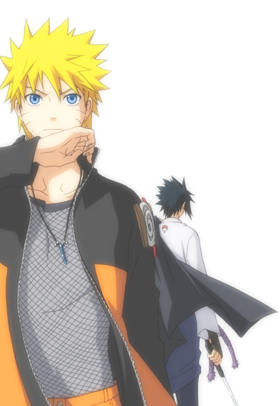 2boys, black_hair, blonde_hair, blue_eyes, fingerless_gloves, fishnet_shirt, fishnets, gloves, headband, jacket, jewelry, male, naruto, simple_background, sword, uchiha_sasuke, uzumaki_naruto, weapon