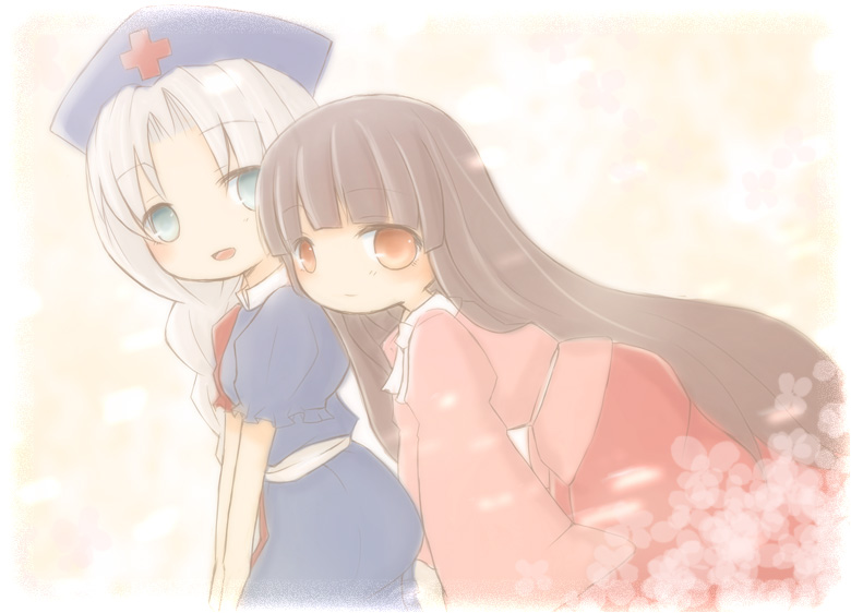 blue_eyes, brown_hair, hat, hoshizuki_(seigetsu), houraisan_kaguya, ico_(engawa_roman), long_hair, multiple_girls