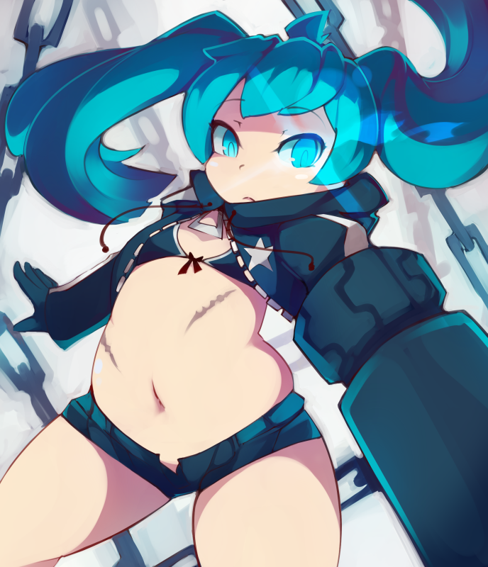 bad_id, bikini_top, black_rock_shooter, black_rock_shooter_(character), blue_eyes, blue_hair, chain, chains