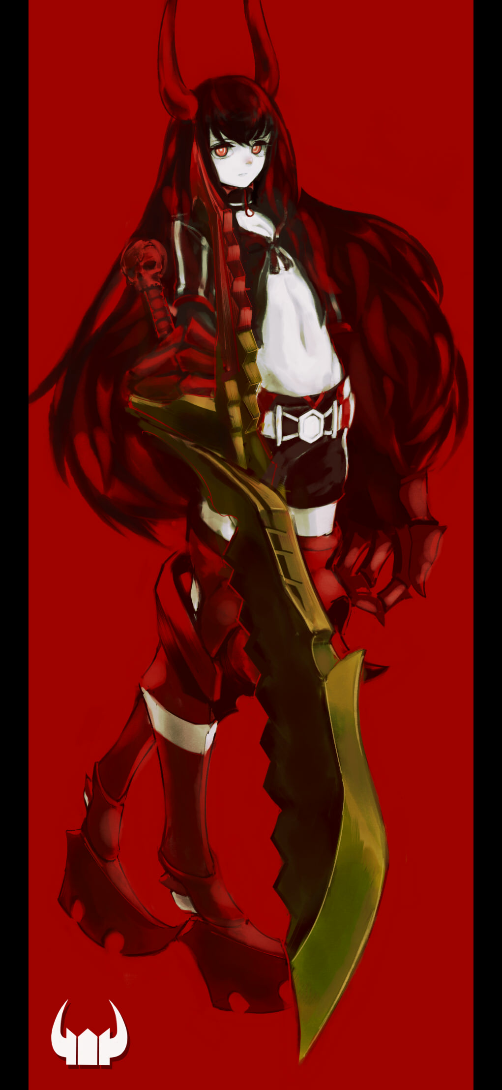 bikini_top, black_gold_saw, black_hair, black_rock_shooter, boots, greaves, highres, horns, jpeg_artifacts, kurofuti, long_hair, looking_at_viewer, midriff, navel, pillarboxed, red_background, red_eyes, shorts, simple_background, solo, sword, thigh-highs, thigh_boots, thighhighs, weapon