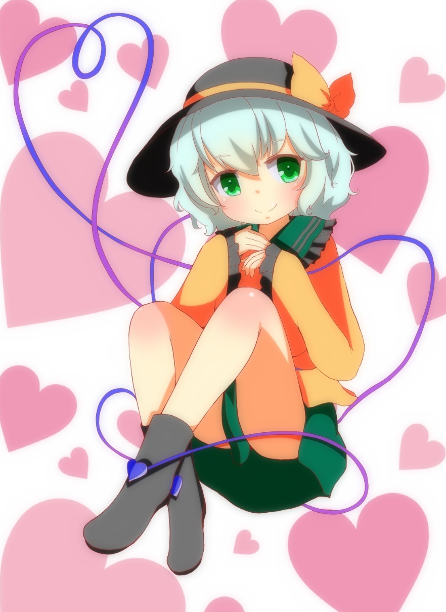 bare_legs, colored, green_eyes, hat, heart, highres, komeiji_koishi, looking_at_viewer