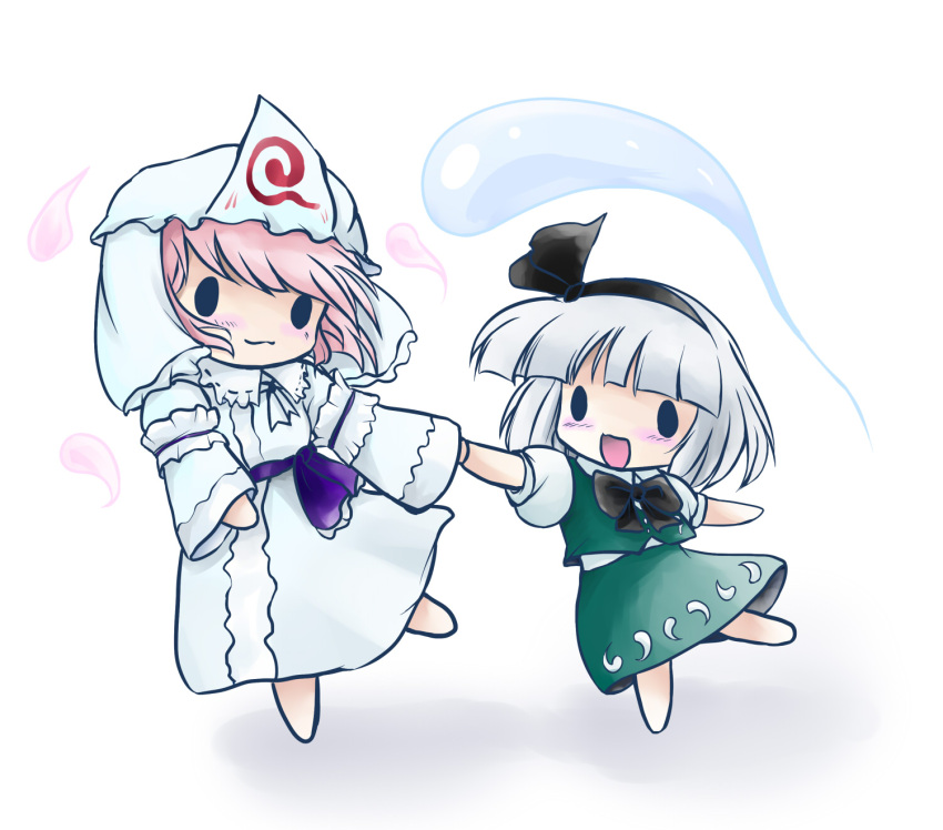 :d, blush, bowtie, chibi, dress_shirt, ghost, hand_holding, highres