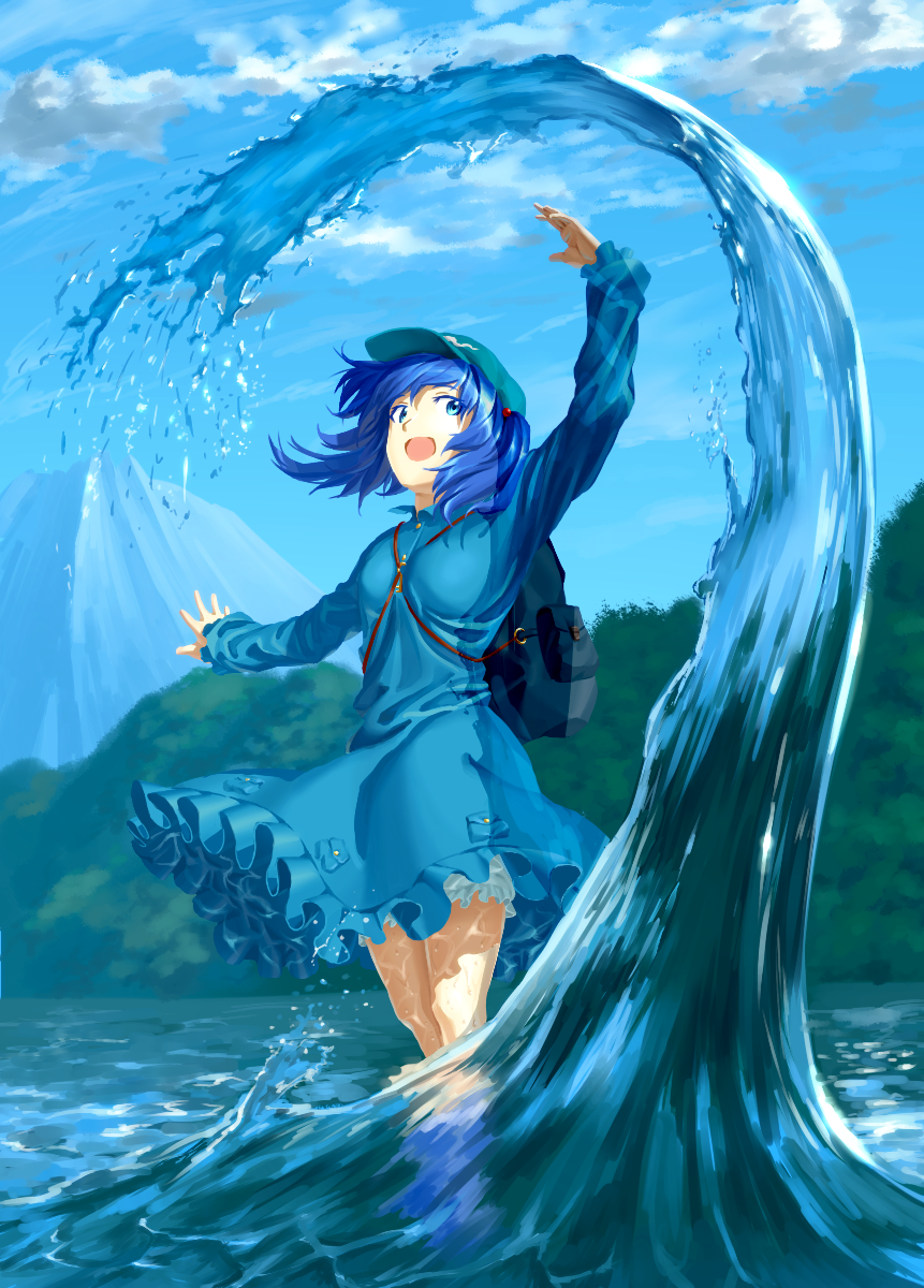 backpack, bag, bloomers, blue_eyes, blue_hair, hair_bobbles, hair_ornament, hat, highres, hydrokinesis, kawashiro_nitori, key, randoseru, skirt, solo, tahoo, touhou, twintails, water