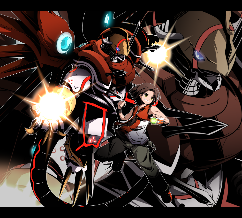 blue_eyes, brown_hair, claws, daimon_masaru, digimon, digimon_savers, fireball, glowing