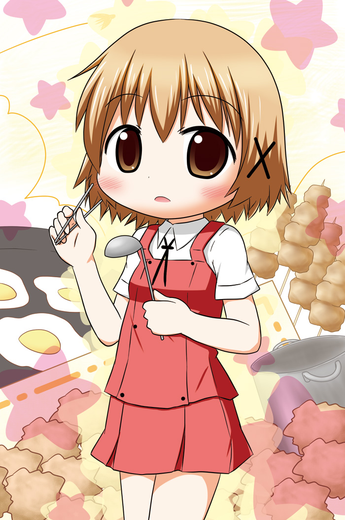 aoba_(kona), brown_hair, chopsticks, egg, hair_ornament, hairpin, hidamari_sketch, ladle, school_uniform, stockpot, yuno