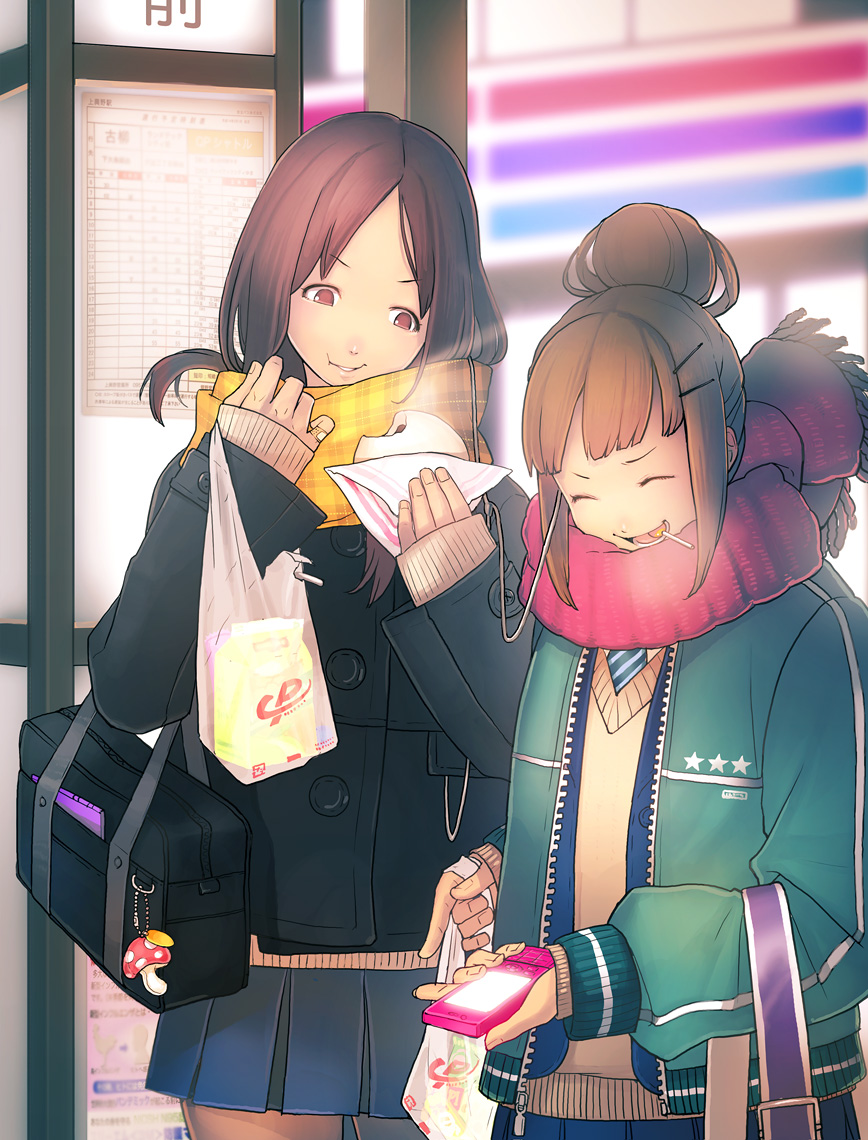 bandaid, brown_eyes, brown_hair, candy, cellphone, closed_eyes, coat, earbuds
