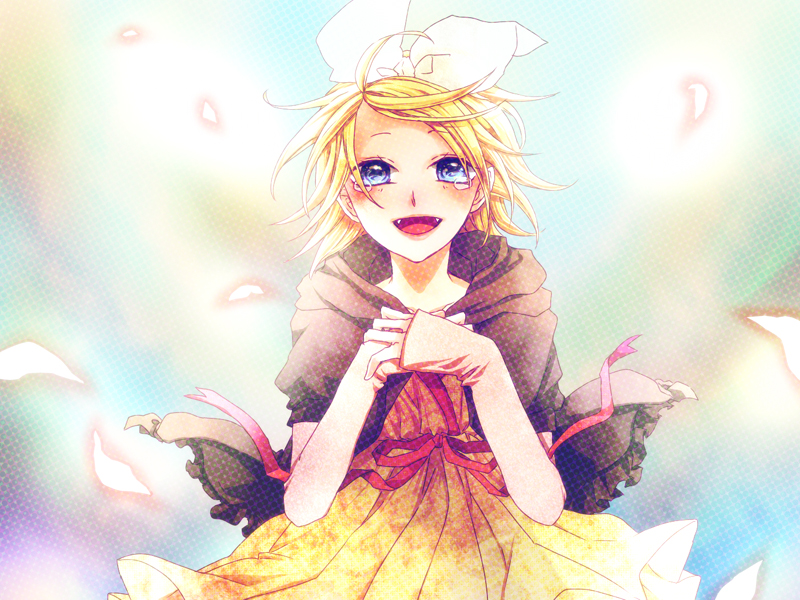 blonde_hair, blue_eyes, blush, kagamine_rin, looking_at_viewer, open_mouth, ribbon, semaru
