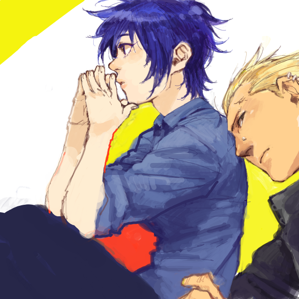 1girl, androgynous, black_eyes, blonde_hair, blue_eyes, blue_hair, breasts, collared_shirt, couple, crossdressinging, jacket, lips, pants, persona, persona_4, piercing, reverse_trap, scar, shirogane_naoto, short_hair, soun, tatsumi_kanji, tomboy