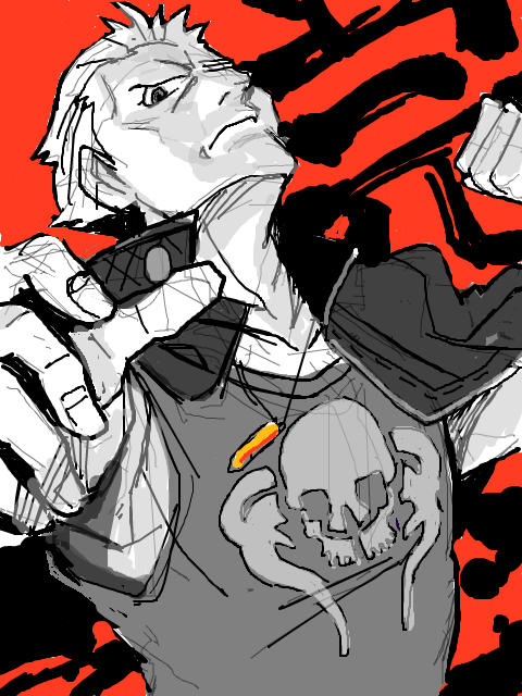 angry, bullet, clenched_hand, fist, jacket, jacket_on_shoulders, male, monochrome