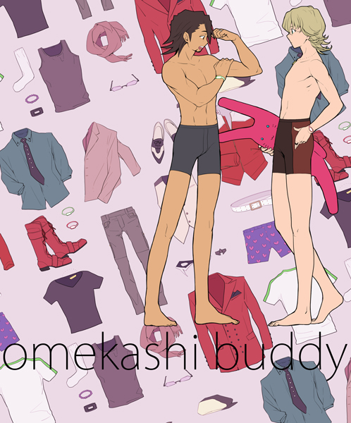 alternate_costumes, bad_id, barnaby_brooks_jr, boots, boxers, dress-up, jacket, kaburagi_t_kotetsu, multiple_boys, necktie, scarf, stuffed_animal, stuffed_bunny, stuffed_toy, t-shirt, tiger_&amp;_bunny, trocco, underwear