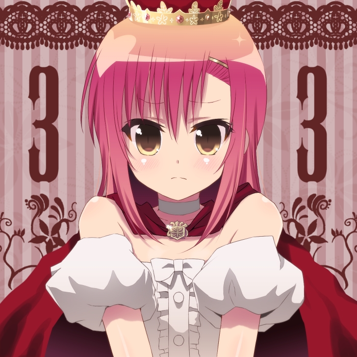 bare_shoulders, bust, cape, choker, crown, dress, frown, hair_ornament