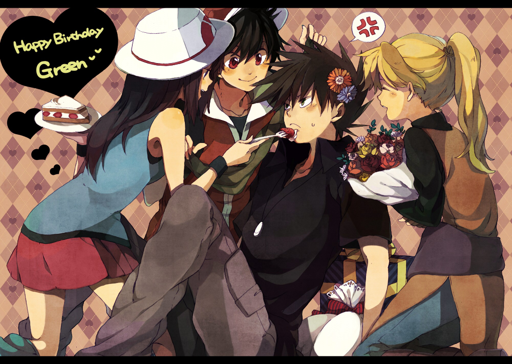 2girls, annoyed, baseball_cap, black_hair, blonde_hair, blue_(pokemon), bouquet, brown_hair