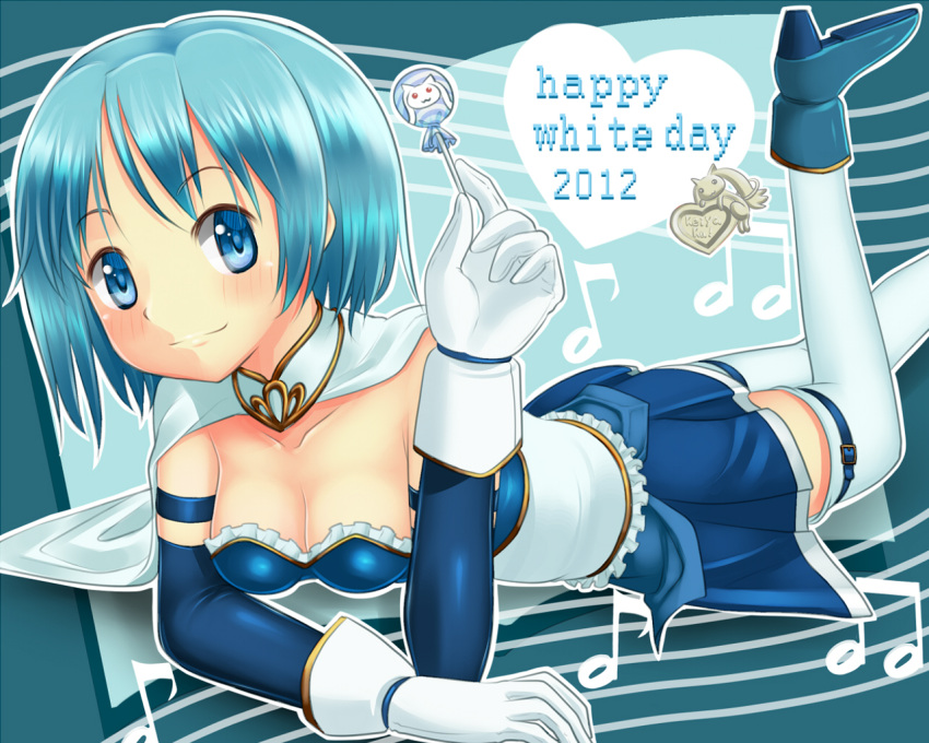 armband, blue_eyes, blue_hair, breasts, candy, cape, cleavage, gloves, kyubey, lollipop, mahou_shoujo_madoka_magica, miki_sayaka, musical_note, on_stomach, pt@i, short_hair, smile, solo, thigh-highs, thighhighs, white_day, zettai_ryouiki