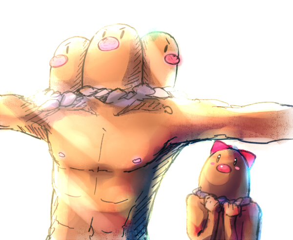 1girl, abs, blush_stickers, bow, brown, dark_skin, diglett, dugtrio