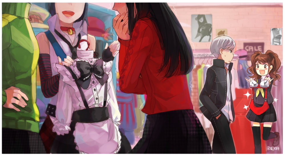 background, dress, high-cut_armor, kujikawa_rise, long_hair, marie_(persona_4), multiple_girls, narukami_yuu