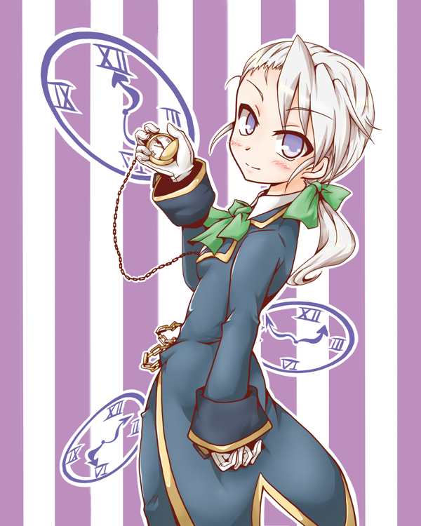 blazblue, blue_eyes, blush, bow, butler, chain, chains, clock
