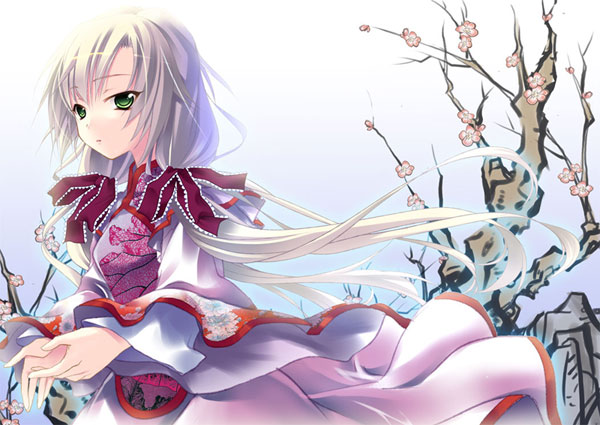 cherry_blossoms, copyright_request, floating_hair, green_eyes, hair_ribbon, ihet, jpeg_artifacts, looking_at_viewer