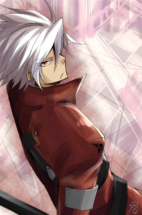 blazblue, frown, male, ragna_the_bloodedge, red_eyes, short_hair, silver_hair, solo, yuu_(yakit)