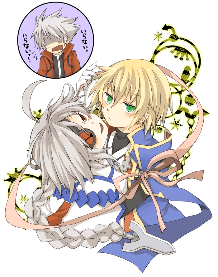 always0722, blazblue, blonde_hair, braid, eyepatch, green_eyes, jin_kisaragi, kisaragi_jin, long_hair, nu-13, ragna_the_bloodedge, red_eyes, short_hair, silver_hair