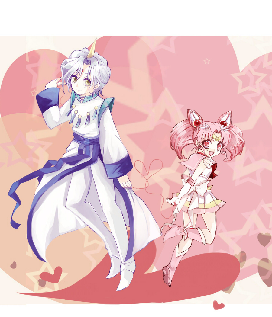 1girl, :d, bishoujo_senshi_sailor_moon, boots, bow, chibi_usa, child, double_bun