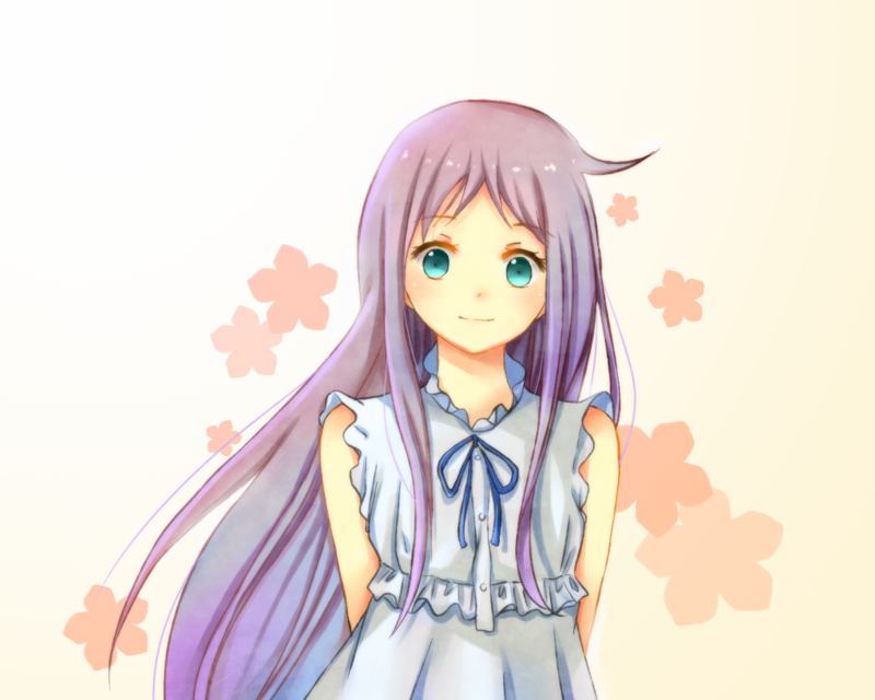ano_hi_mita_hana_no_namae_wo_bokutachi_wa_mada_shiranai, arms_behind_back, bad_id, blue_eyes, honma_meiko, long_hair, mikajiajia, purple_hair, ribbon, smile, solo