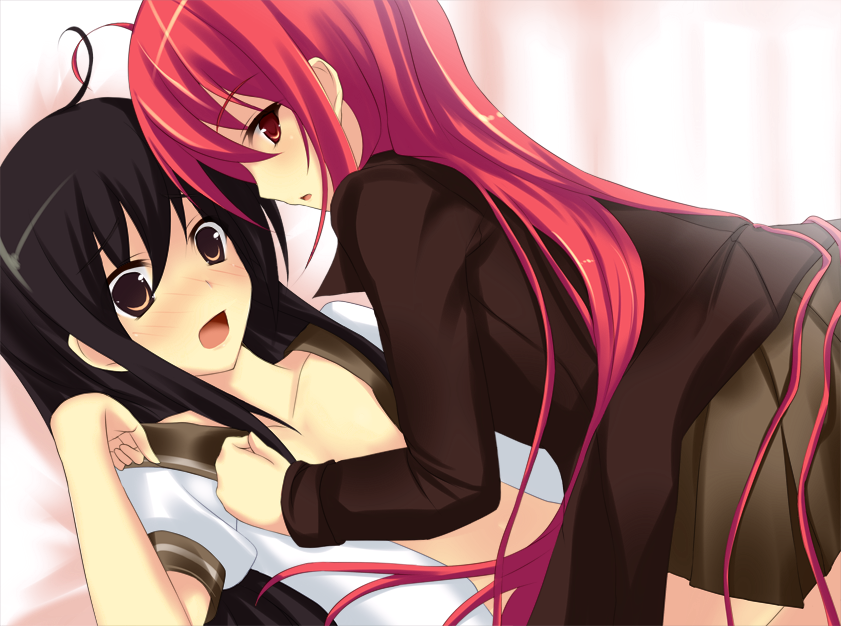 ahoge, akabane_rin, black_hair, blush, dual_persona, long_hair, multiple_girls, open_clothes