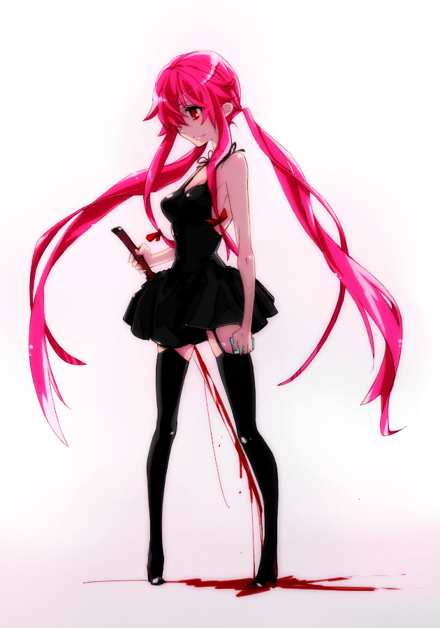 bare_shoulders, black_legwear, boots, breasts, cleavage, crazy, dress, garter_straps