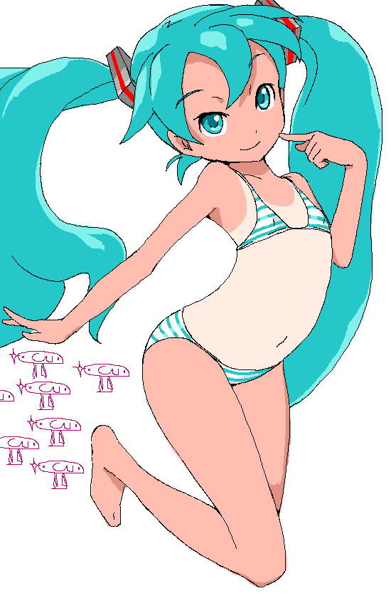 :3, aqua_eyes, aqua_hair, barefoot, bikini, child, flat_chest, hatsune_miku