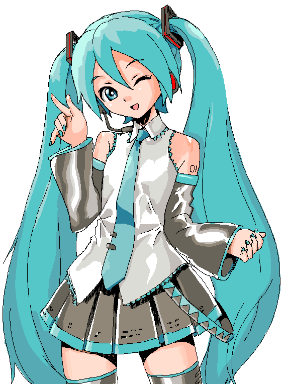 aqua_eyes, aqua_hair, detached_sleeves, hatsune_miku, head_tilt, headset, koyopi, long_hair