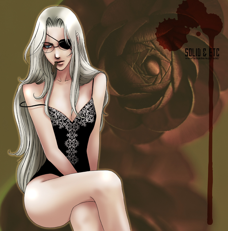 blonde_hair, blood, blue_eyes, cigar, eyepatch, flower, glasses, hellsing