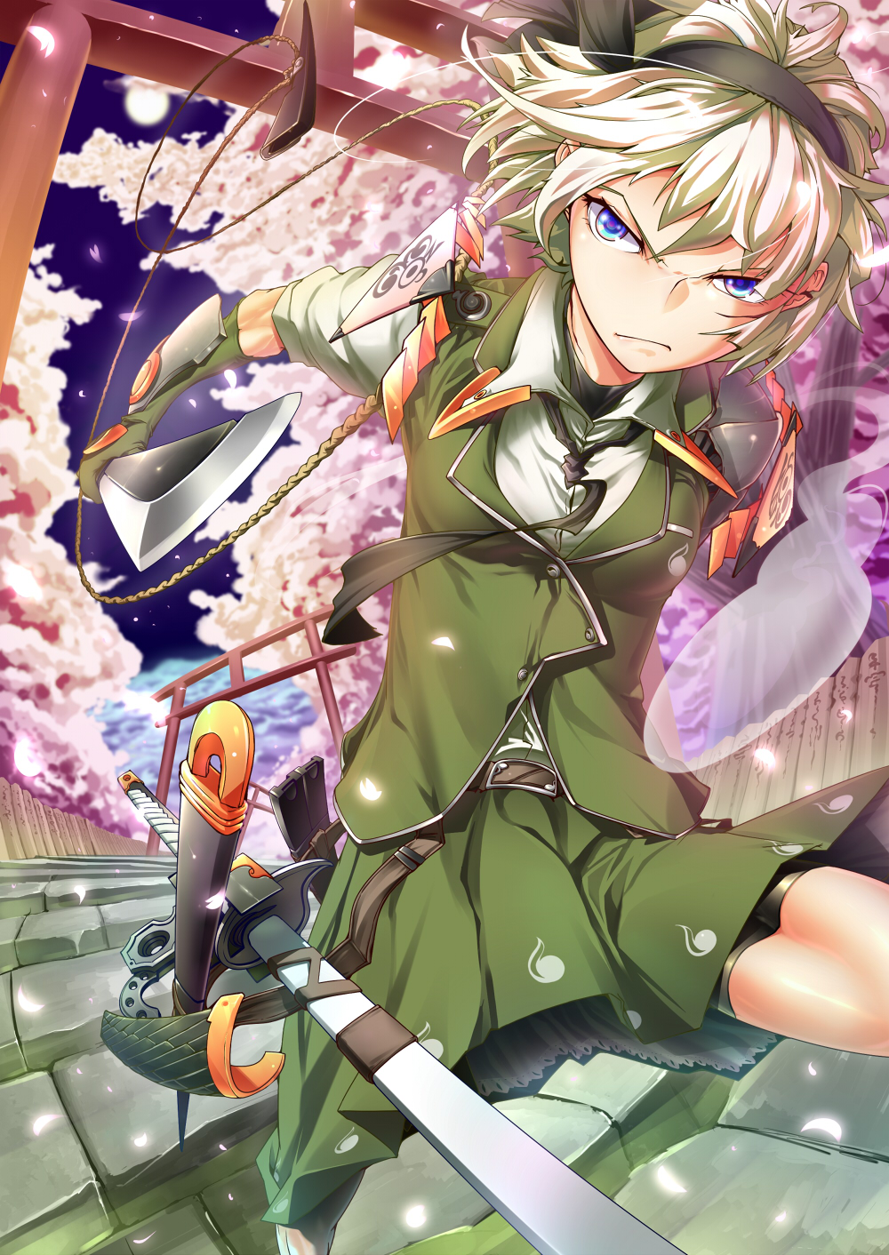 bike_shorts, blue_eyes, cherry_blossoms, foreshortening, grey_hair, hairband, highres, kage_houshi