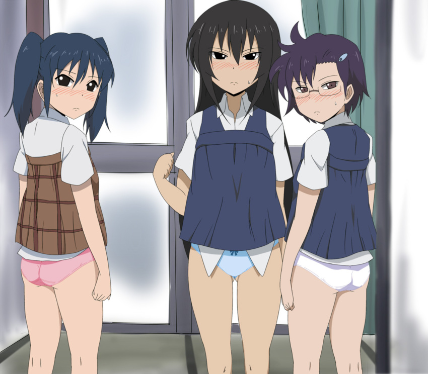 annoyed, ass, black_hair, blue_hair, blue_panties, blush, bow, bow_panties