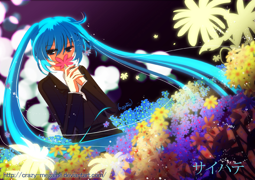 aqua_eyes, aqua_hair, crazy-megame, flower, formal, hatsune_miku, long_hair, necktie