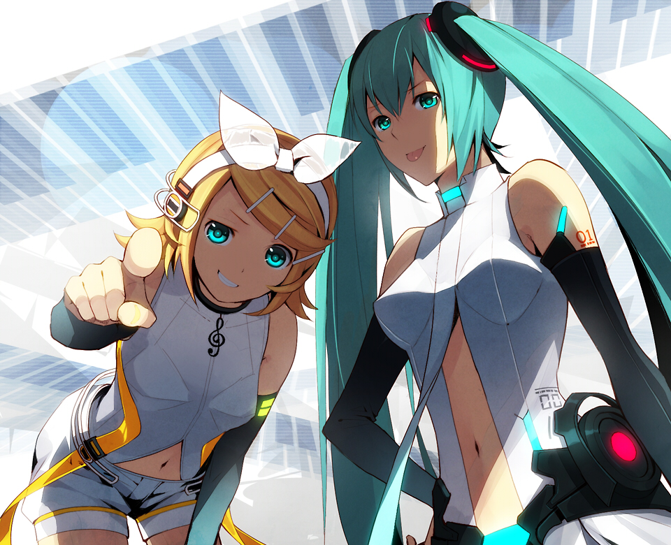 :p, aqua_eyes, aqua_hair, belt, blonde_hair, breasts, center_opening, elbow_gloves