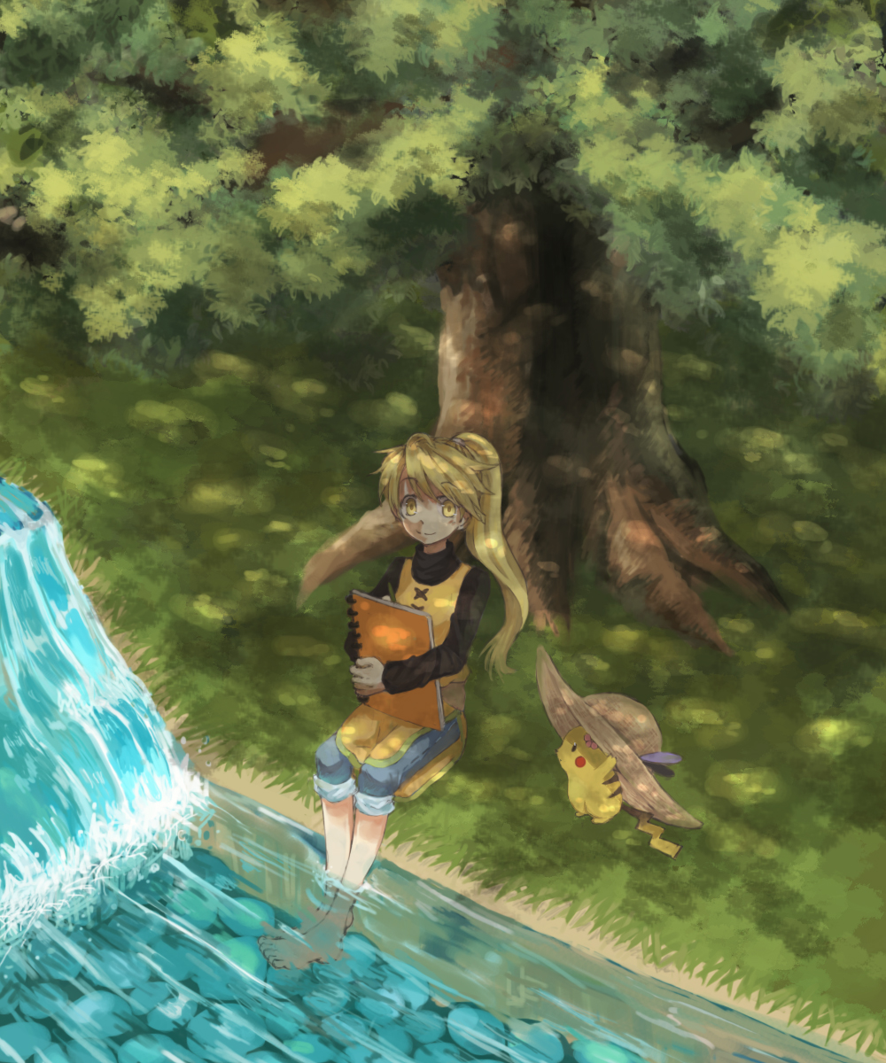 1girl, barefoot, blonde_hair, china_dress, chuchu_(pokemon), clothed_pokemon, cosplay, drawing, feet_in_water, grass, hat, hat_removed, headwear_removed, highres, holding, jeans, kinomukumama, long_hair, long_sleeves, pants_rolled_up, pikachu, pokemon, pokemon_(creature), pokemon_special, ponytail, river, smile, soaking_feet, straw_hat, tree, water, yellow_(pokemon), yellow_(pokemon)_(cosplay), yellow_eyes