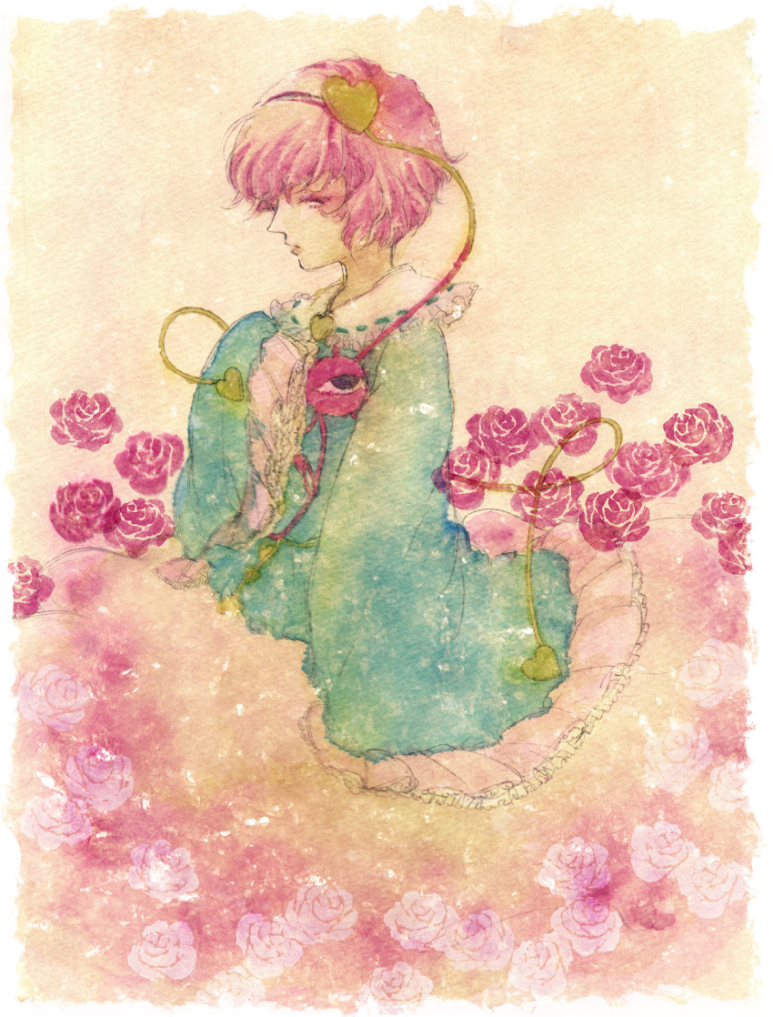colored_eyelashes, eyeball, flower, frilled_sleeves, frills, graphite_(medium), hairband, hand_on_own_chest, heart, highres, karnemelk, komeiji_satori, pink_background, pink_hair, profile, rose, short_hair, sleeves_past_wrists, solo, touhou, traditional_media, watercolor_(medium), wide_sleeves
