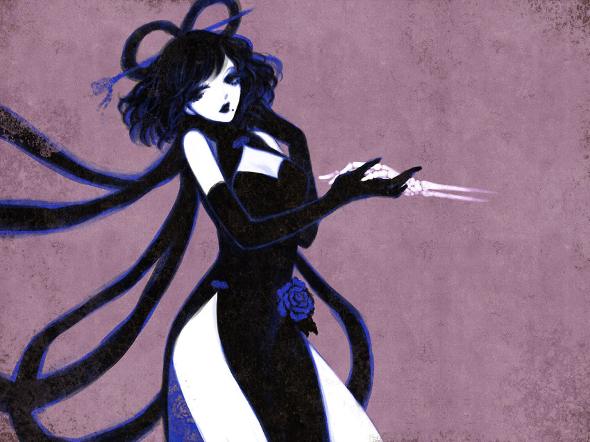 alternate_costume, black_eyes, blue_hair, blue_rose, cleavage_cutout, elbow_gloves, flower, gloves