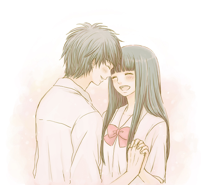 blush, bow, closed_eyes, hand_holding, holding_hands, kazehaya_shouta, kimi_ni_todoke, kuronuma_sawako, long_hair, school_uniform, smile, tayu