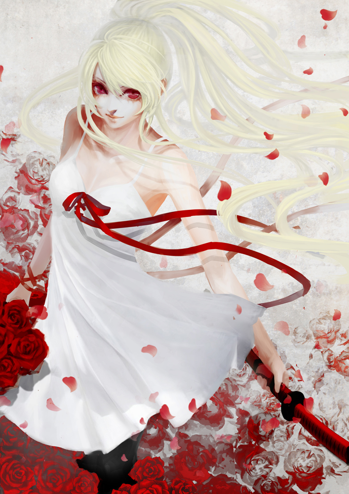 jun_du, katana, kissshot_acerolaorion_heartunderblade, monogatari_(series), nisemonogatari, red_eyes, sword, weapon
