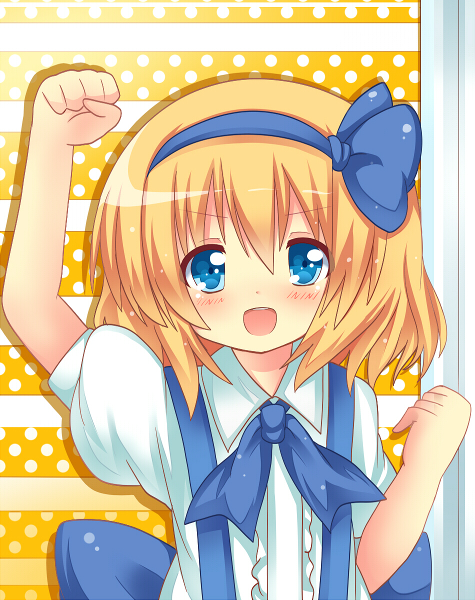 alice_margatroid, alice_margatroid_(pc-98), arm_up, blonde_hair, blue_eyes, blush, bow, child, clenched_hands, dress_shirt, fist, hair_bow, headband, highres, light_particles, looking_at_viewer, neckerchief, open_mouth, polka_dot, polka_dot_background, puffy_sleeves, raised_fist, shinekalta, shirt, short_hair, short_sleeves, solo, striped, striped_background, teeth, touhou, touhou_(pc-98)