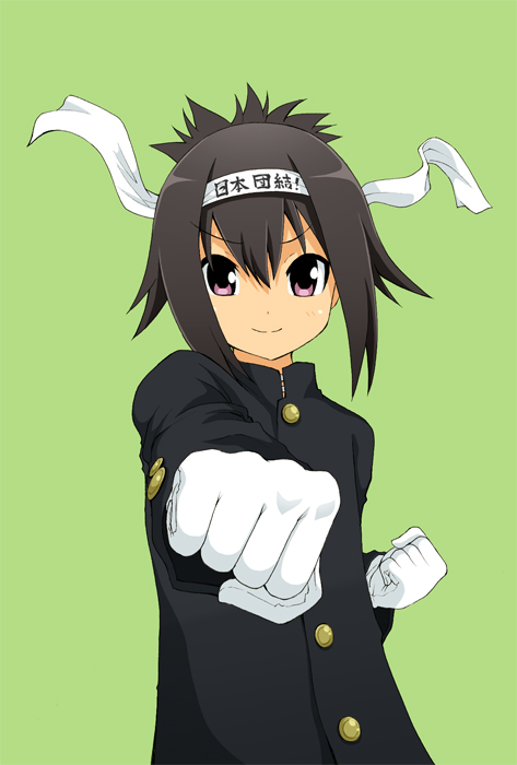 character_request, clenched_fist, clenched_hands, date_renji, foreshortening, gloves, headband, magyo, official_art, purple_eyes, smile, violet_eyes