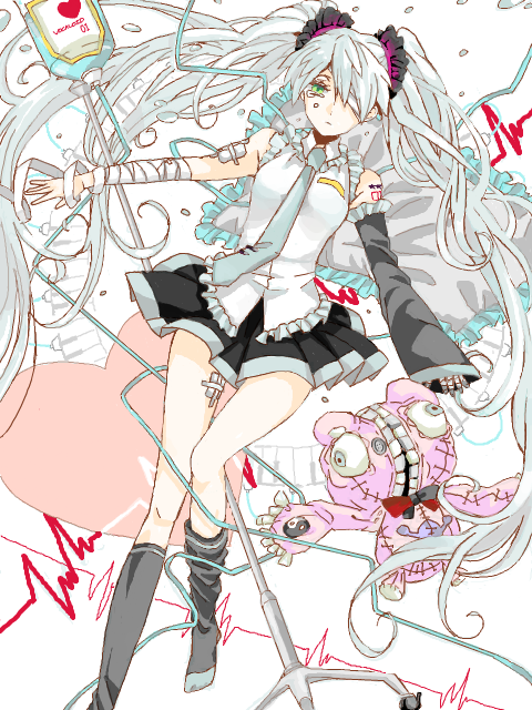 bandage, bandages, bandaid, detached_sleeves, eyepatch, green_eyes, hair_over_one_eye, hatsune_miku