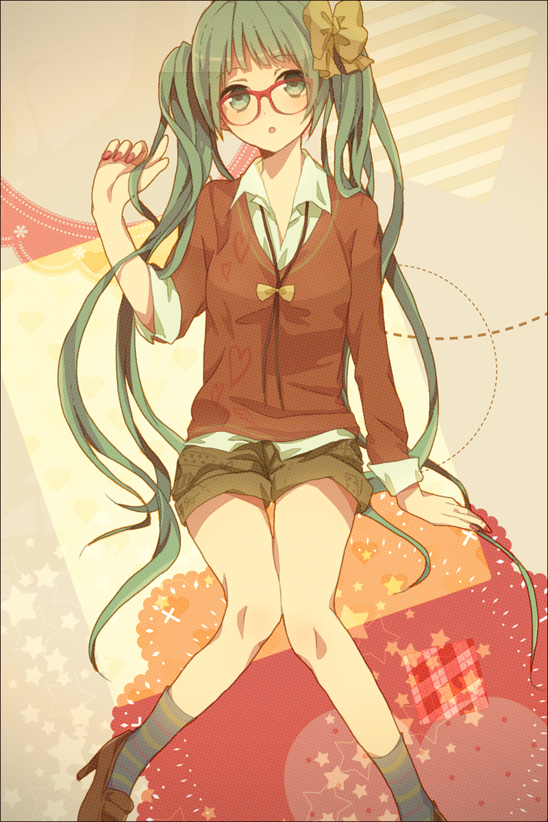 bad_id, bespectacled, bow, glasses, green_eyes, green_hair, hair_bow, hatsune_miku