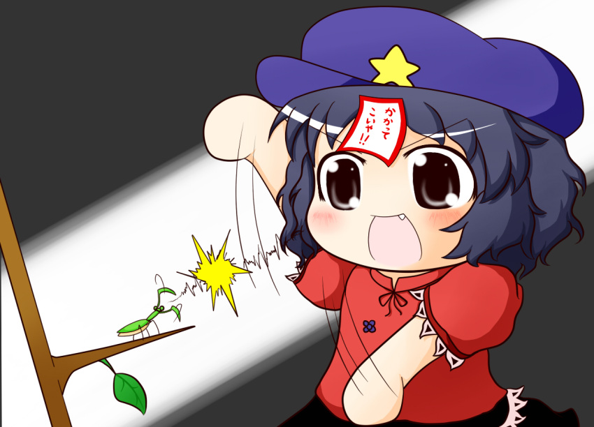 beret, black_eyes, blue_hair, blush, chibi, expressive_clothes, fang, fighting