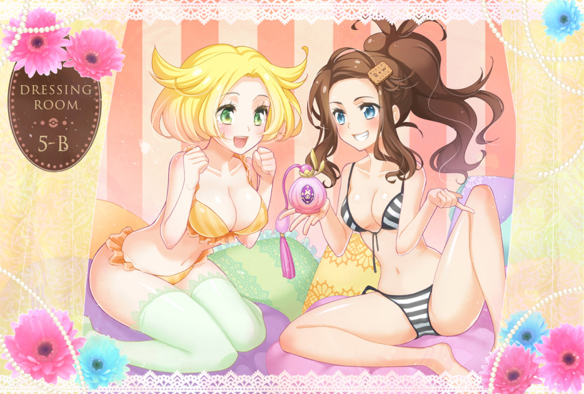 barefoot, bel_(pokemon), bikini, blonde_hair, blue_eyes, breasts, brown_hair, cleavage
