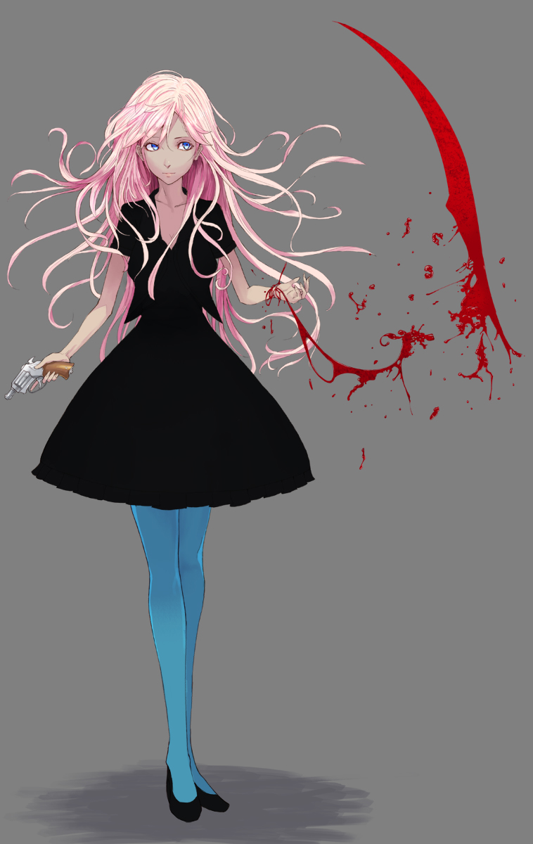 black_dress, blood, blue_eyes, blue_legwear, dress, grey_background, gun, handgun