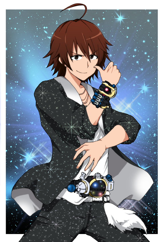ahoge, amagase_touma, belt, brown_eyes, brown_hair, idolmaster, idolmaster_2, kamen_rider