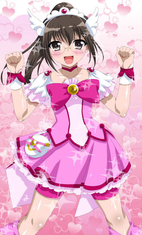 :d, analogstore, bike_shorts, black_hair, blush, boku_wa_tomodachi_ga_sukunai, cosplay, cure_happy