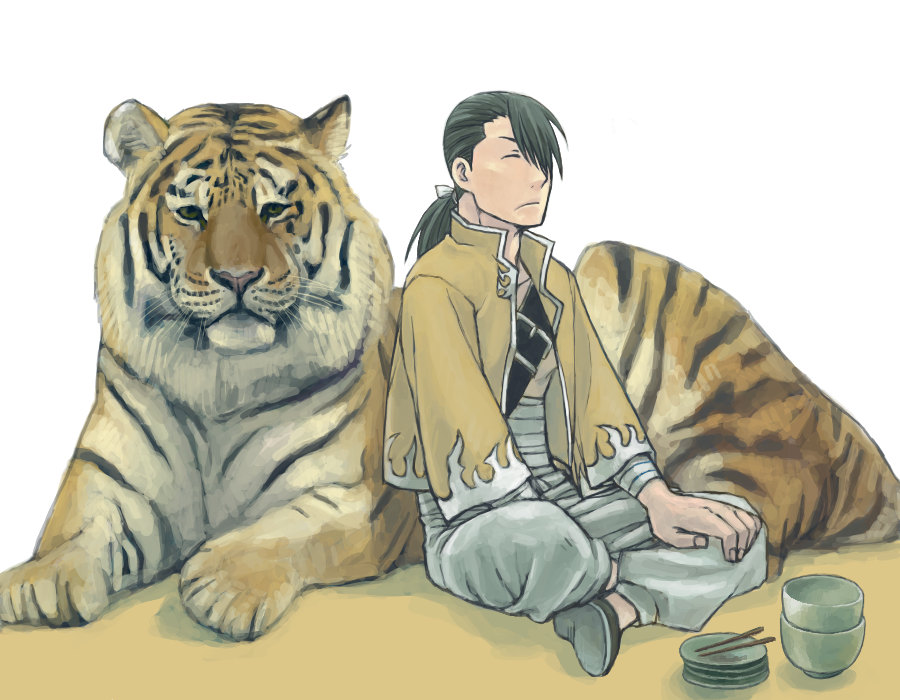 bandage, black_hair, bowl, chopsticks, closed_eyes, fullmetal_alchemist, hair_ribbon, ling_yao